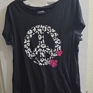Joe Boxer Black Tee with White Leopard Peace Sign and Pink Paw Prints Size XL